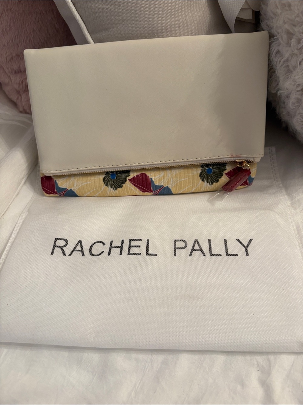 NIP Rachel Pally Cream Fold-Over clutch with Floral Accent